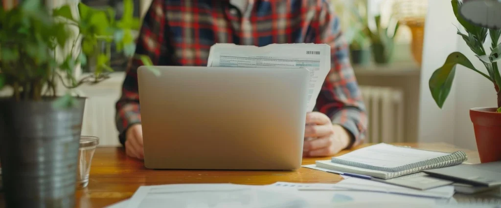 Cliente empresa, sosteniendo documentos en frente de su computador